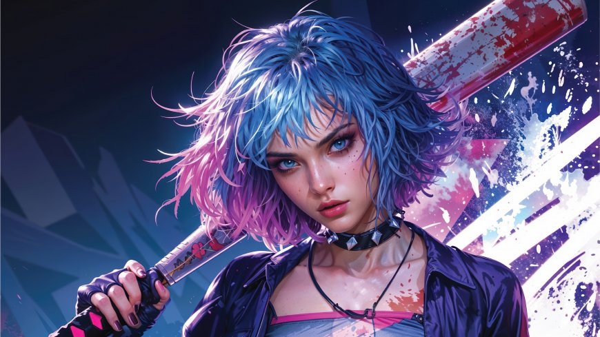 赛博朋克风蓝粉发棒球棍少女壁纸