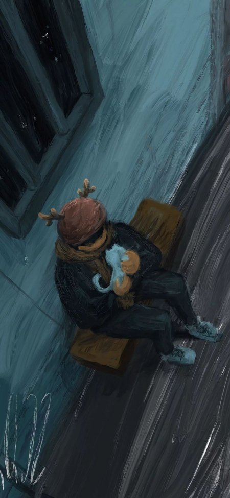 戴鹿角帽抱猫人物原创插画手机壁纸