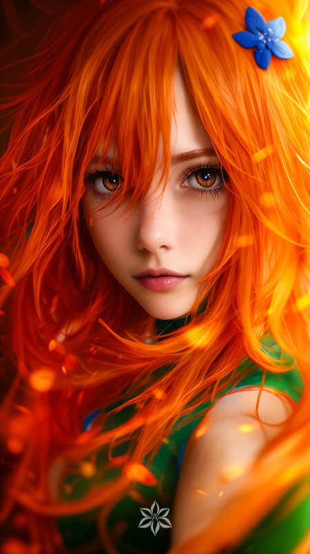 红发蓝花饰绿衣动漫风格插画手机壁纸