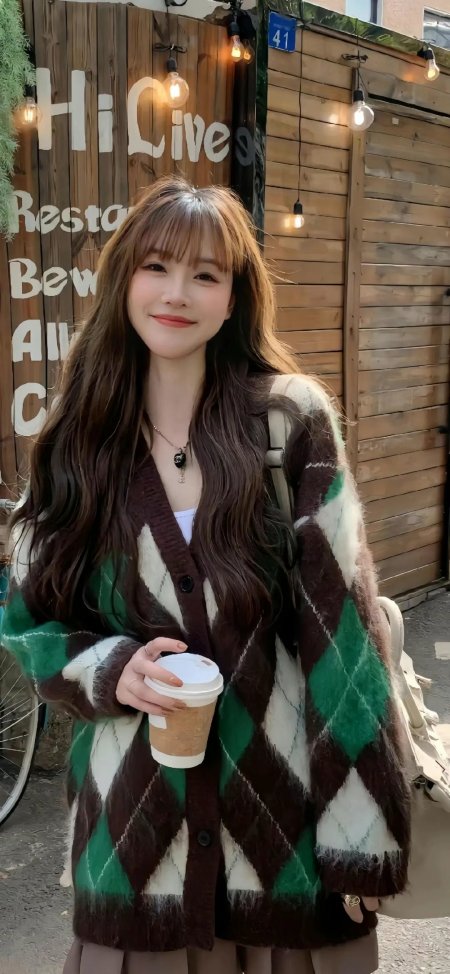 菱格毛衣咖啡户外人像手机壁纸