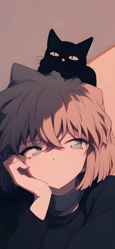 名侦探柯南灰原哀头顶黑猫插画手机壁纸