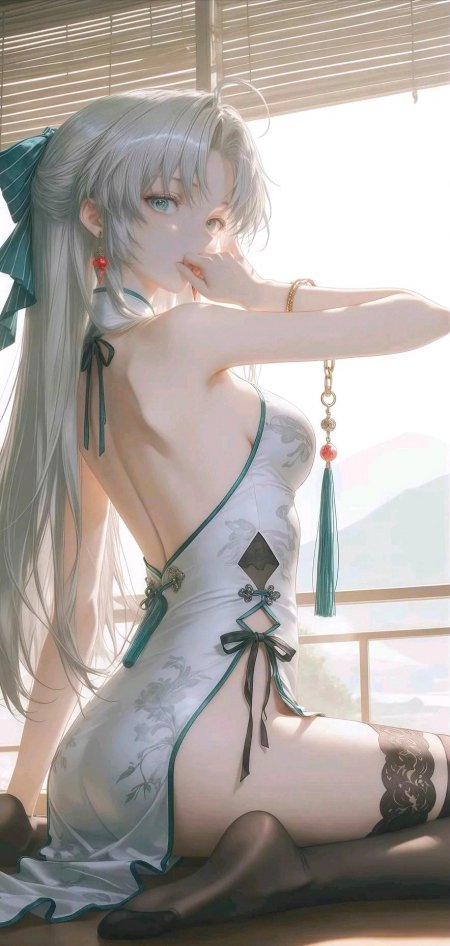 旗袍绿饰国风女性插画手机壁纸
