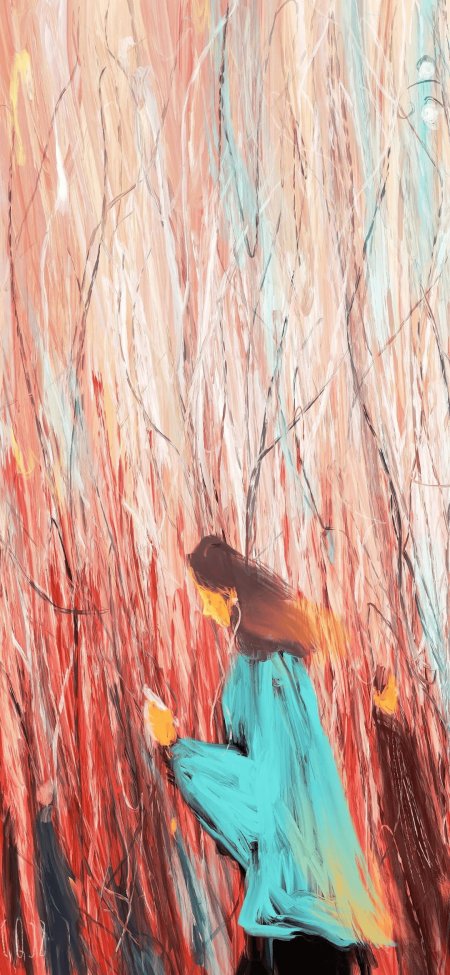 树林蓝衣人物艺术插画手机壁纸