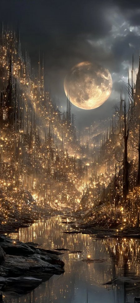 月夜发光森林河流奇幻插画手机壁纸
