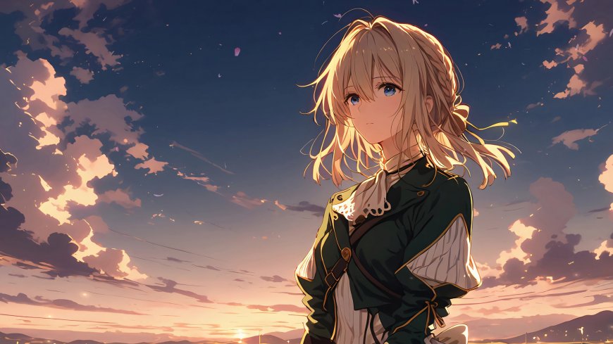 动漫少女 夕阳天空电脑壁纸