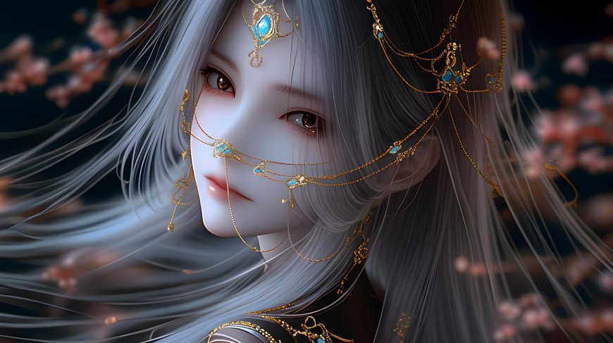 金饰蓝宝白发女插画壁纸