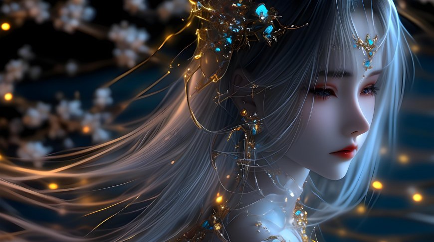 流金饰件白发女插画壁纸