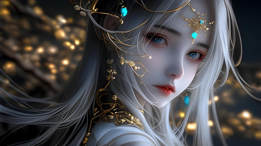 金枝蓝坠白发女插画壁纸