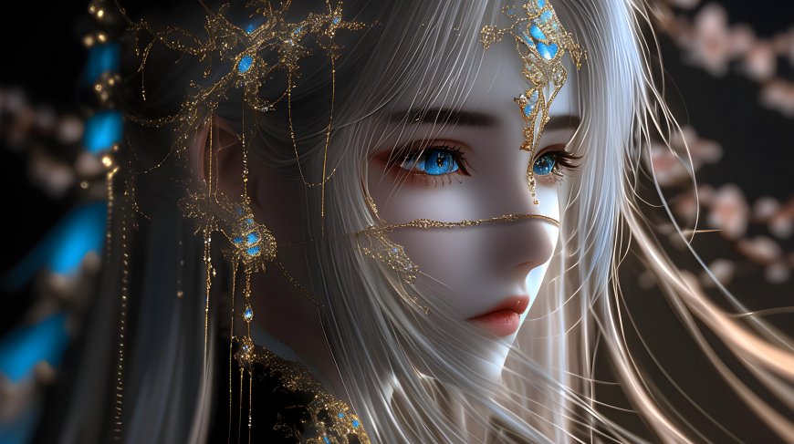 蓝眸金链白发女插画壁纸