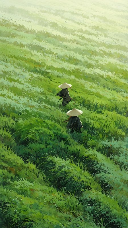 戴斗笠人物草原行插画壁纸