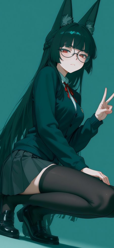 戴猫耳、眼镜，穿校服的二次元动漫少女插画