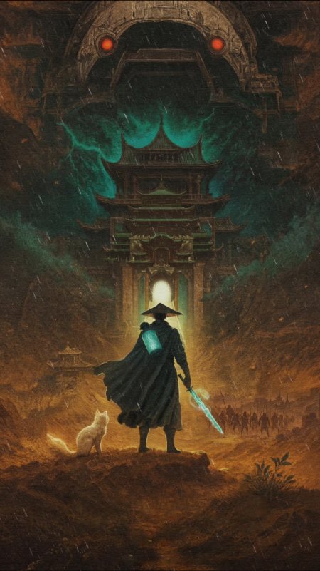 古风侠客 白猫与神秘建筑插画壁纸