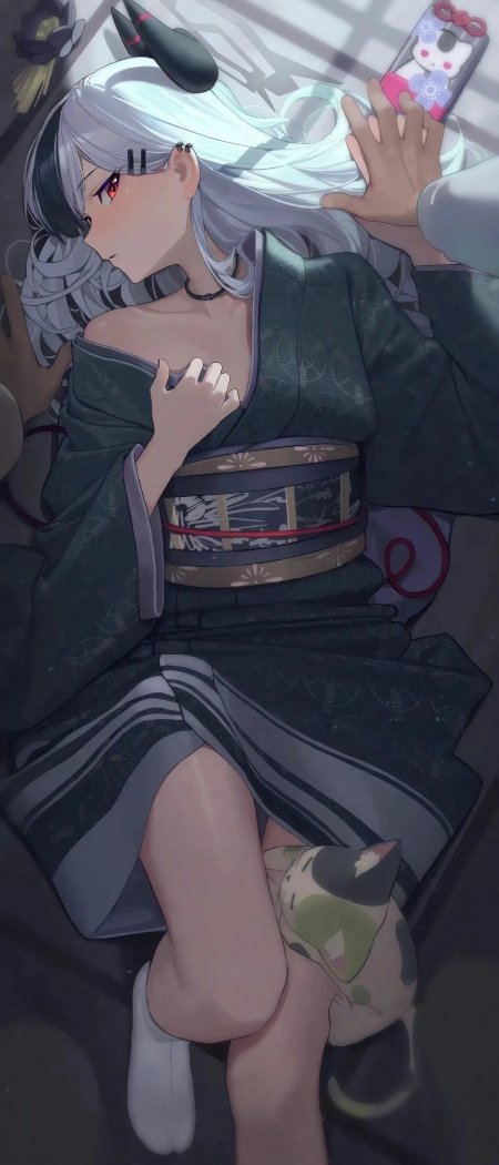 和服少女与猫咪插画壁纸
