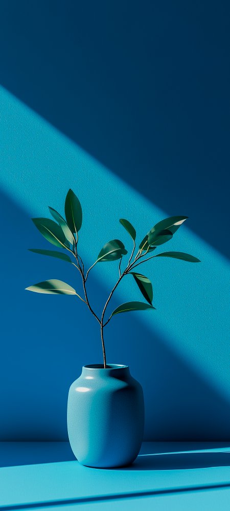 简约蓝背景绿植插花花瓶壁纸