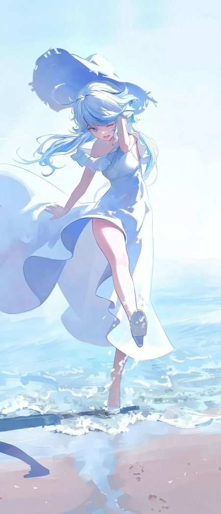 蓝发女孩海边漫步插画壁纸