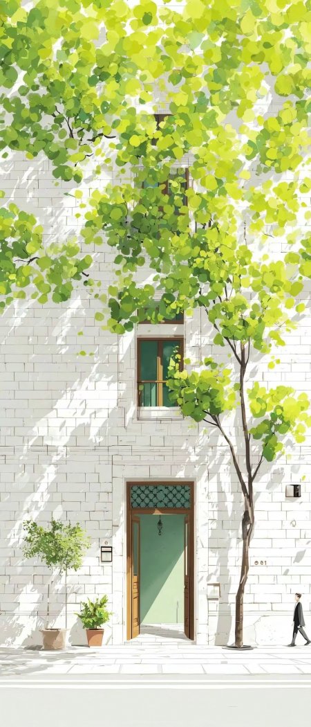 绿植环绕白墙建筑插画壁纸