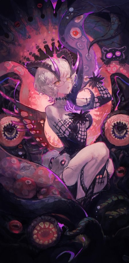 奇幻风格羊角少女与触手怪物插画壁纸
