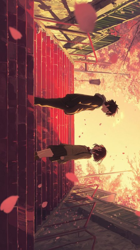 日式动漫风格樱花阶梯人物插画壁纸