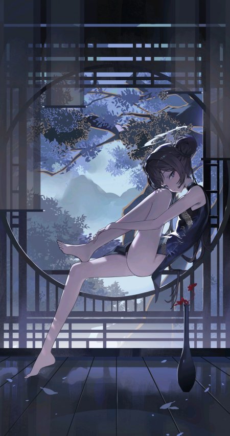 中式窗景抱膝少女动漫插画壁纸