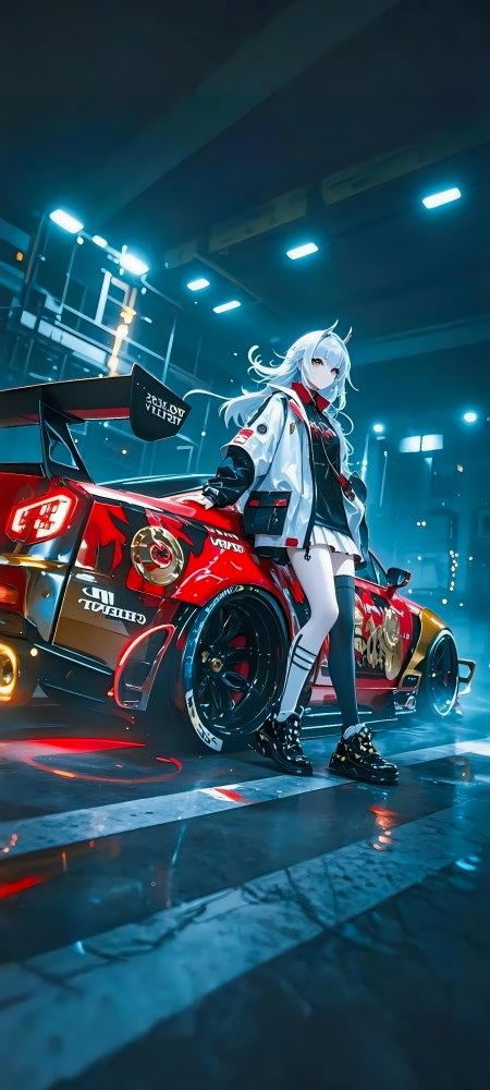银发少女与改装车壁纸