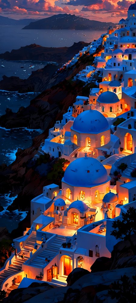 圣托里尼风格建筑夜景插画壁纸