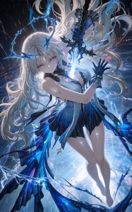 持蓝色光剑银发少女动漫插画壁纸
