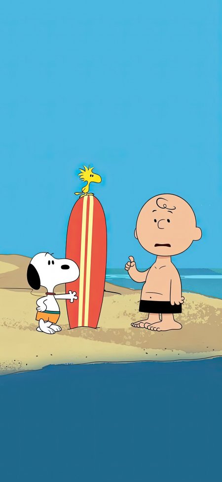 《花生漫画》史努比与查理・布朗海滩冲浪插画壁纸