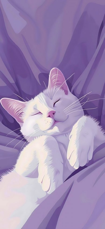 紫色背景下的白色睡猫插画壁纸