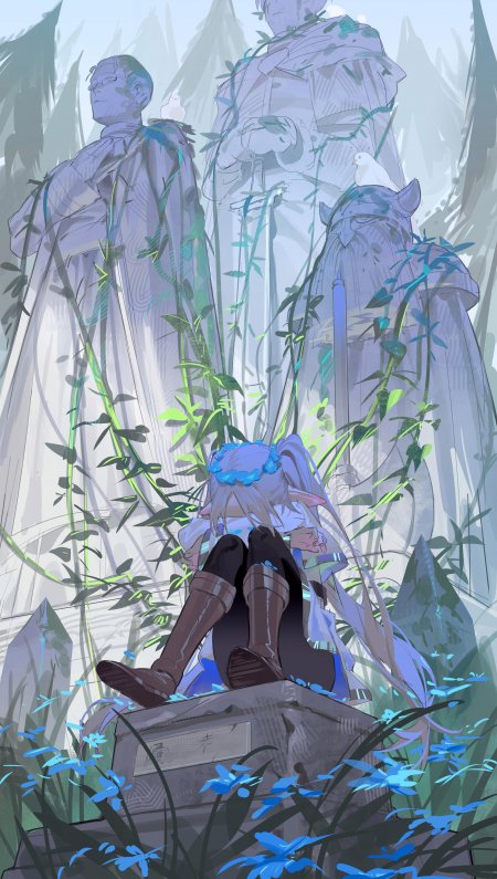 森林雕像前少女动漫插画壁纸