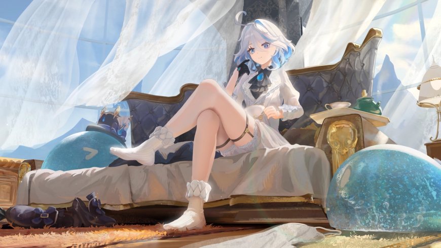 坐在床上的白发少女插画壁纸