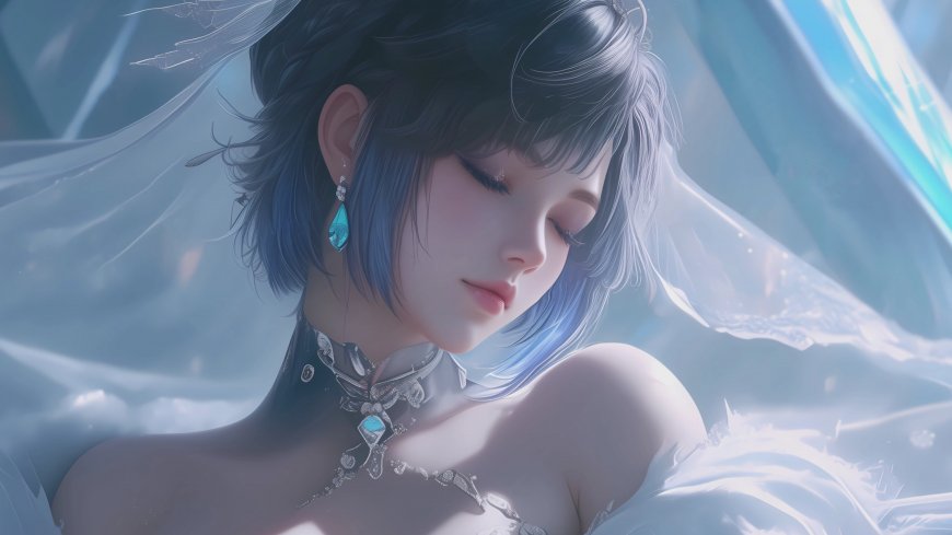 蓝发婚纱少女闭眼静谧壁纸