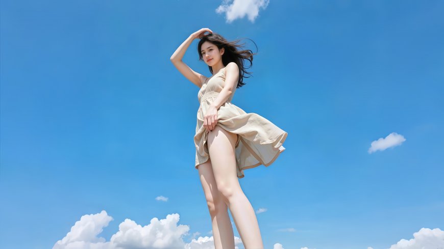 蓝天背景下的少女摄影壁纸