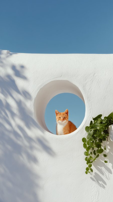 白墙圆洞中的橘猫手机壁纸