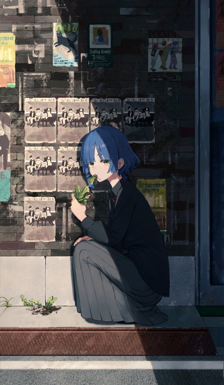 蓝发少女啃草动漫风手机壁纸