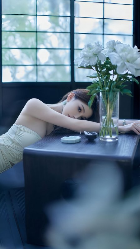 室内白牡丹旁少女摄影手机壁纸