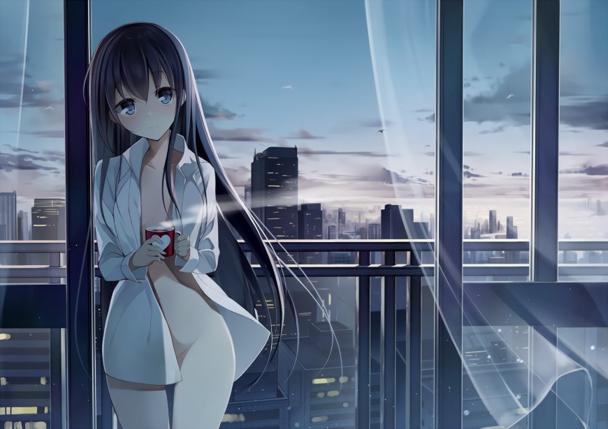 都市阳台少女插画壁纸