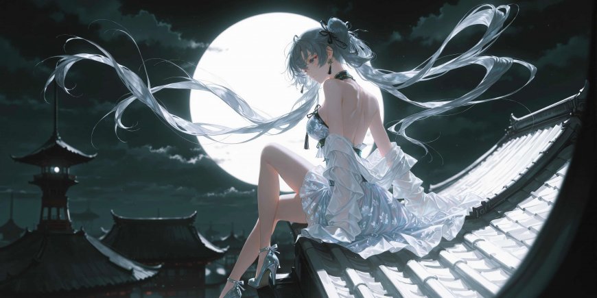 月夜古风银发少女屋顶场景动漫插画壁纸