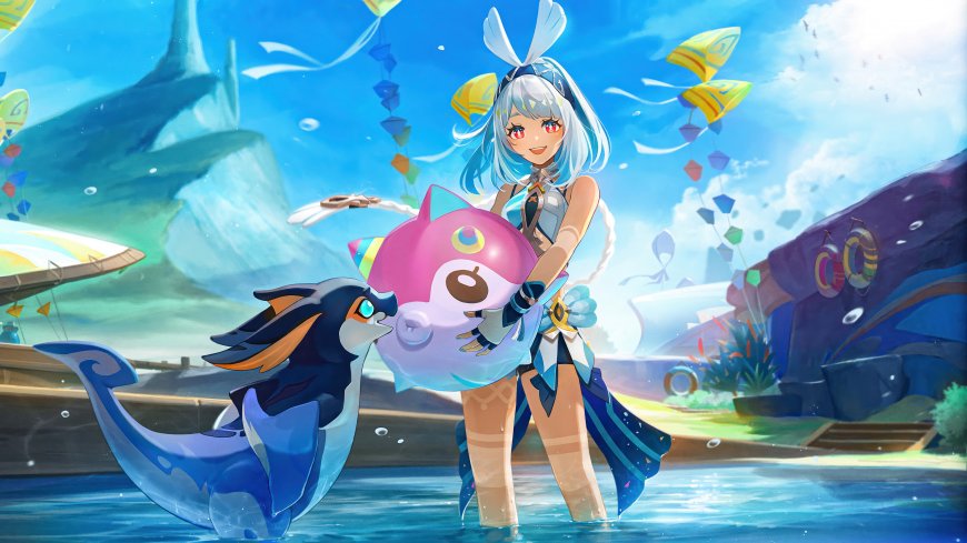 游戏《原神》角色与奇特生物互动动漫插画壁纸