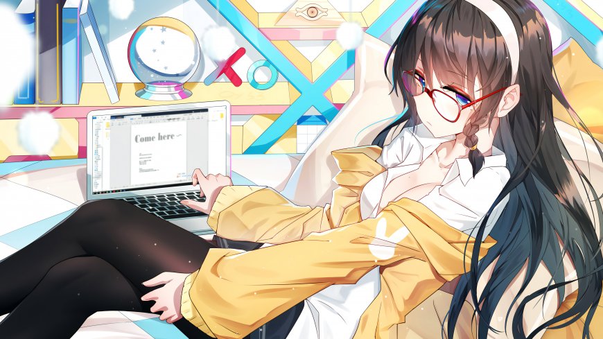 室内使用笔记本电脑的少女动漫插画电脑壁纸