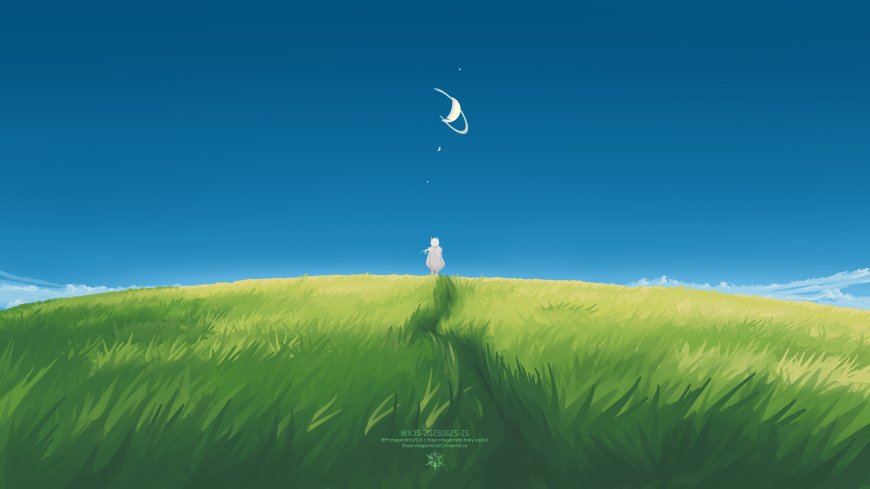 清新治愈风草原少女与月牙动漫插画