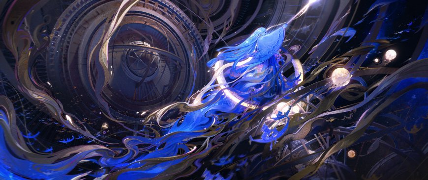 奇幻机械装置与蓝发人物炫酷插画