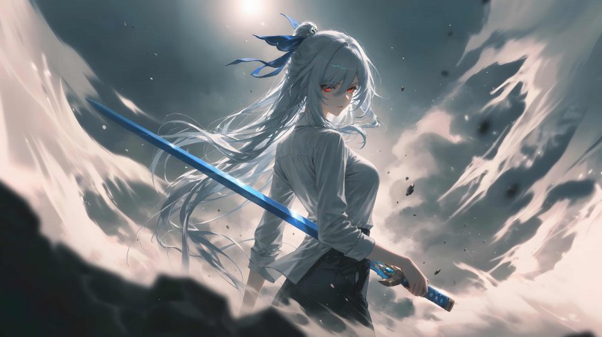酷炫银发持剑少女战斗场景动漫插画壁纸
