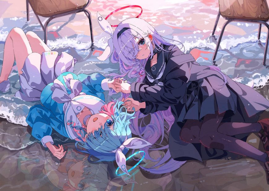 海边互动的双少女动漫插画