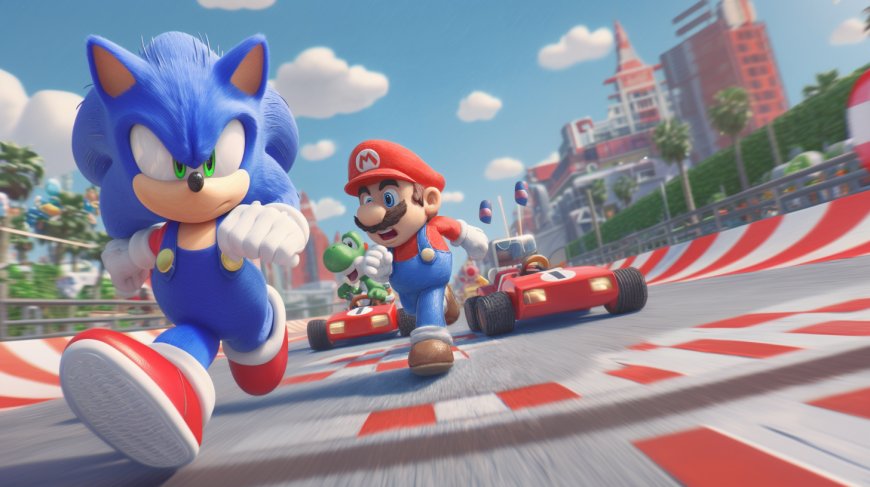 马里奥与索尼克竞速游戏场景插画壁纸