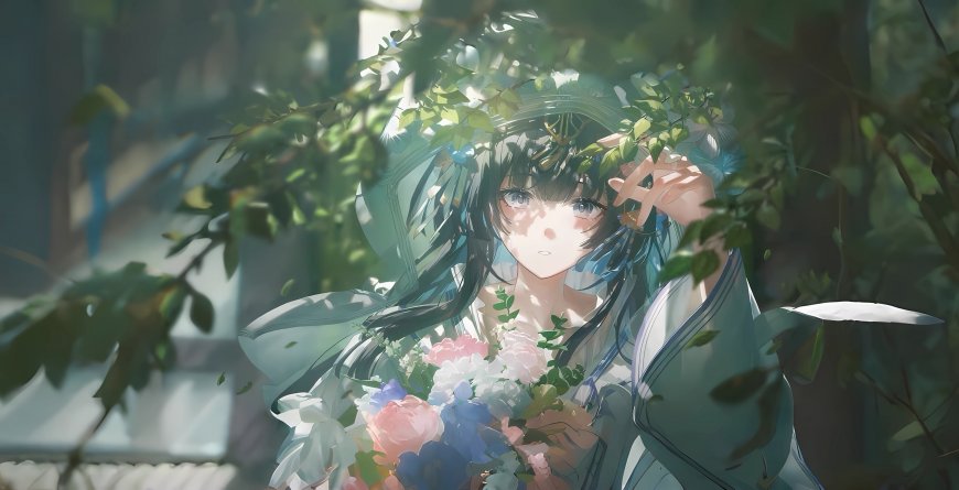 林间持花二次元少女壁纸