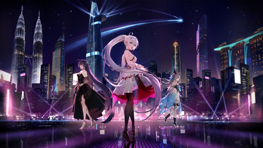 华丽都市夜景三少女动漫插画