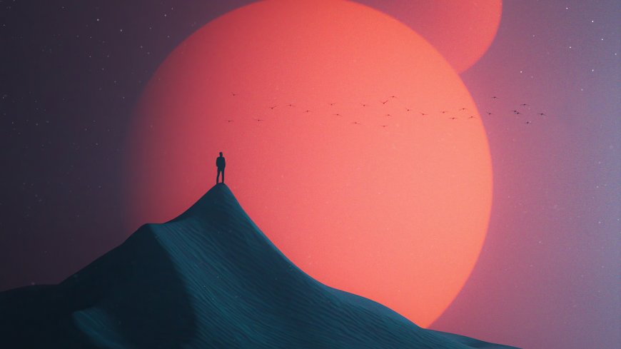 红巨星下山顶人物剪影艺术插画