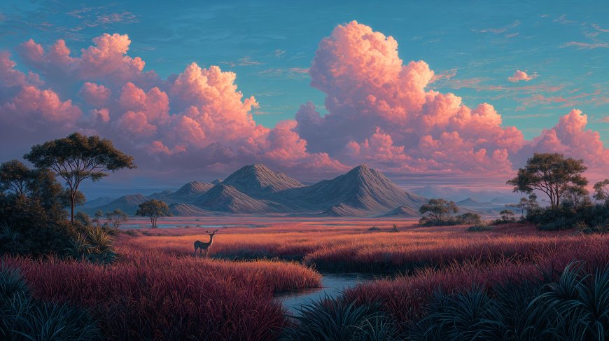 彩云高山下的草原风景插画壁纸