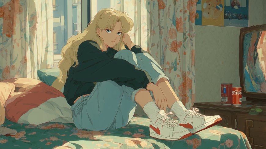 复古风金发少女卧室场景二次元电脑壁纸