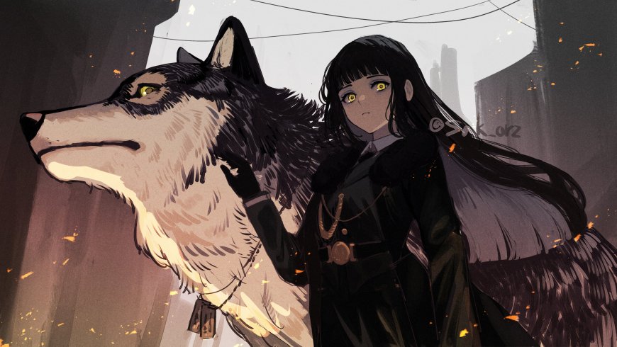 黑衣少女与巨狼二次元电脑壁纸